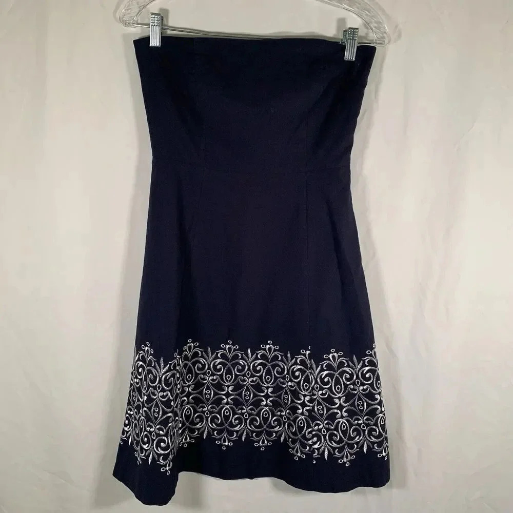 Loft Mini Dress Women's 0 Navy Blue Embroidered Strapless Side Zip